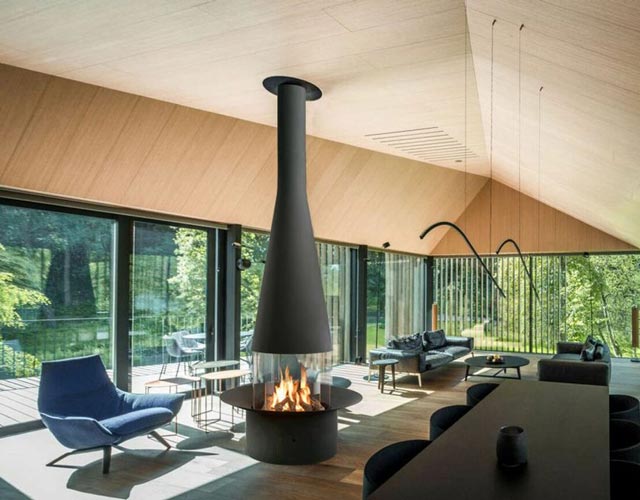 contemporary central indoor fireplace