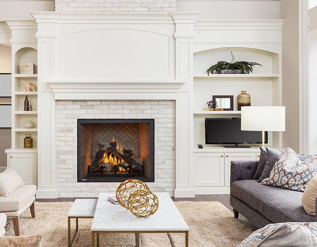 contemporary white brick indoor fireplace