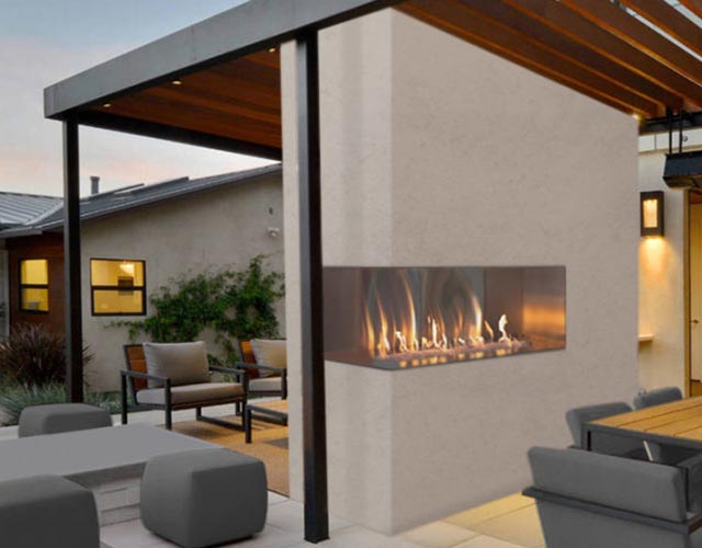 corner style outdoor fireplace